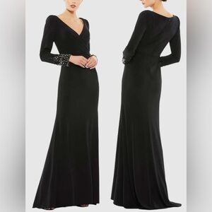 NEW MAC DUGGAL Beaded Cuff Long Sleeve Wrap Over Trumpet Gown Size 8 Black Dress